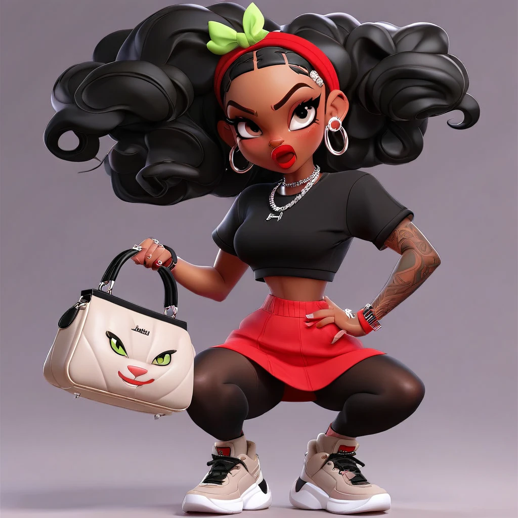 Cute 3D character, a angry light skin woman in a red cropped t - shirt and a black purse, y2k style, thick body, thick hips, black long straight hair , wearing a sexy cropped tops, diamond grillz on teeth, red hair band, black short skirt, doja cat, wearing a cropped top, belly button showing, rapper, graphic tees shirt, black and red aesthetic, light skin