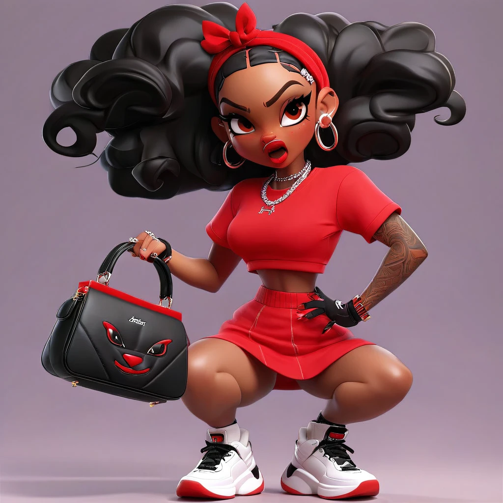 Cute 3D character, a angry light skin woman in a red cropped t - shirt and a black purse, y2k style, thick body, thick hips, black long straight hair , wearing a sexy cropped tops, diamond grillz on teeth, red hair band, black short skirt, doja cat, wearing a cropped top, belly button showing, rapper, graphic tees shirt, black and red aesthetic, light skin