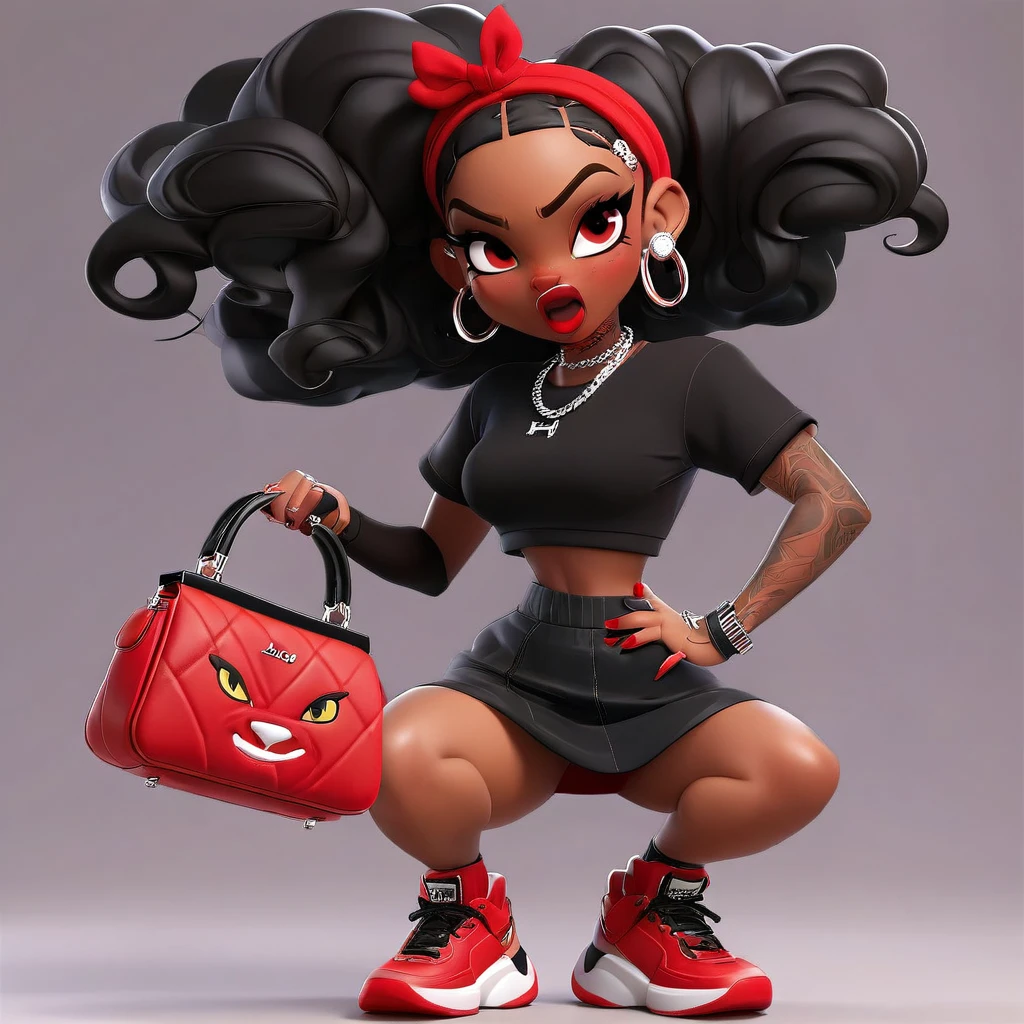 Cute 3D character, a angry light skin woman in a red cropped t - shirt and a black purse, y2k style, thick body, thick hips, black long straight hair , wearing a sexy cropped tops, diamond grillz on teeth, red hair band, black short skirt, doja cat, wearing a cropped top, belly button showing, rapper, graphic tees shirt, black and red aesthetic, light skin