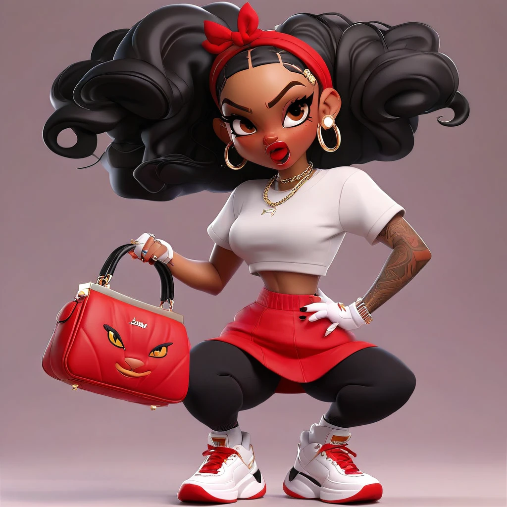 Cute 3D character, a angry light skin woman in a red cropped t - shirt and a black purse, y2k style, thick body, thick hips, black long straight hair , wearing a sexy cropped tops, diamond grillz on teeth, red hair band, black short skirt, doja cat, wearing a cropped top, belly button showing, rapper, graphic tees shirt, black and red aesthetic, light skin
