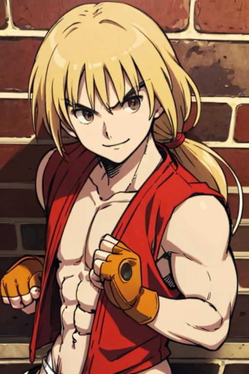 score_9, score_8_up, score_7_up, BREAK source_anime,solo, shota, Ken, blond hair, long hair, pony tail,brown eyes,(masterpiece, best quality:1.2), cowboy shot, solo, male focus, 1boy, ken masters, muscular, smile, ((red dougi)), open chest,no pants, fingerless gloves, detailed penis