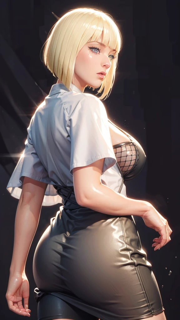 (（（Perfect body,White and tender skin,（（（BLACK KIMONO, CLEAVAGE, VAMBRACES,）））,（（（Samui, Blue eyes, blonde hair, short hair, bangs, blunt bangs,）））,((masterpiece)),high resolution, ((Best quality at best)),masterpiece,quality,Best quality,（（（ Exquisite facial features,Looking at the audience,There is light in the eyes,Poker face）））,(NSFW-7)，SOLO FOCUS，LOOKING BACK，vaginale，COMPLETELY NUDE，ANUS，BENT OVER，FROM BEHIND，DOGGYSTYLE，ass grab）））,（（（Light and shadow,Huge breasts，Plump buttocks）））,（（（Looking at the camera,black background,)））),