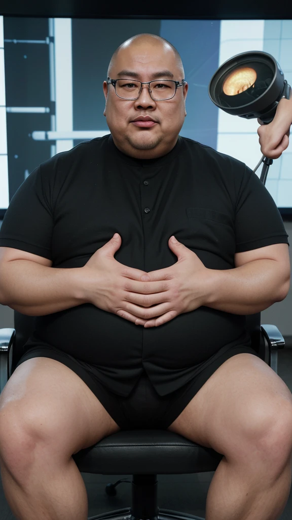 Draw a picture of a 50 year old Japanese man wearing glasses and a very fat, obese, bald head who is very funny, being interviewed on a TV show with a serious expression on his face. He sat in a stylish chair, wearing a tailored suit to accentuate his muscular features. The backdrop is a modern TV studio with bright lights, a sleek desk, and a large screen displaying the show's logo behind it. The interviewer, holding the microphone, listened attentively to The Rock, who spoke in a focused and intense manner. Be sure to capture the detailed set design and serious, professional studio atmosphere.