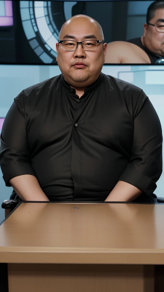 Draw a picture of a 50 year old Japanese man wearing glasses and a very fat, obese, bald head who is very funny, being interviewed on a TV show with a serious expression on his face.    He sat in a stylish chair, wearing a tailored suit to accentuate his muscular features.    The backdrop is a modern TV studio with bright lights, a sleek desk, and a large screen displaying the show's logo behind it.    The interviewer, holding the microphone, listened attentively to The Rock, who spoke in a focused and intense manner.    Be sure to capture the detailed set design and serious, professional studio atmosphere.
