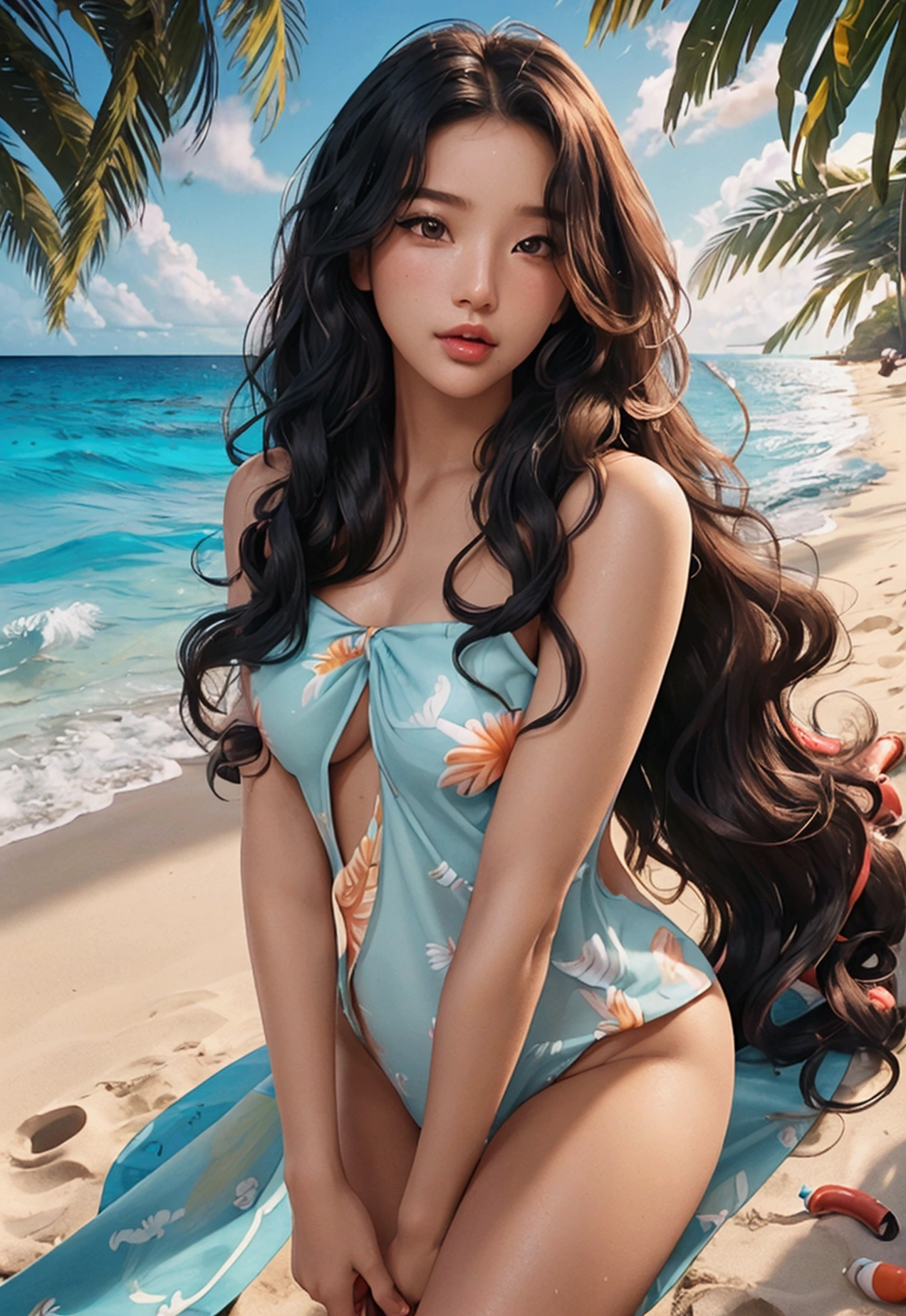 4K resolution,8K resolution,beautiful,Highest quality,Absolutely wonderful,Very detailed,Ultra-high resolution,masterpiece,Realistic,Realistic,Increased depth of field,Cinematic Light,
One elegant mature woman,
Wavy black long hair,精巧なディテールのbeautiful顔,Moist eyes,Sensual look,Glossy skin make-up,Transparent white skin,Very sensitive skin,Great proportions,Glamorous Body,Anatomically correct body,
Bikini Swimwear,Summery design,Beautifully detailed pattern,Detailed cloth texture,
Romantic seaside scenery,Dark night sky,Coastline stretching to the horizon,Deserted beach,Dark sea surface,
Cinematic Angle,