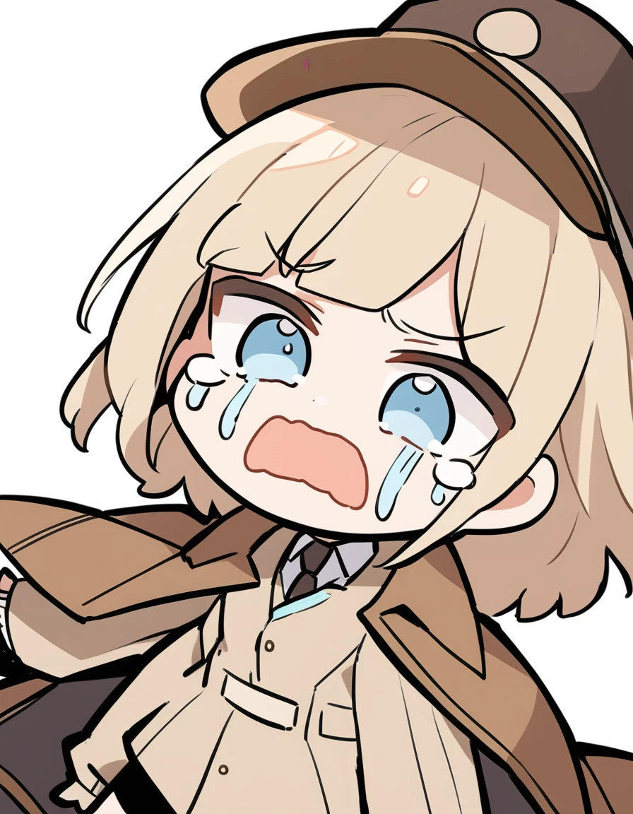 One girl, Beige hair、long、Bangs、Detective Suit、chibi,Light blue eyes、simple background、Crying face、Newsboy hat