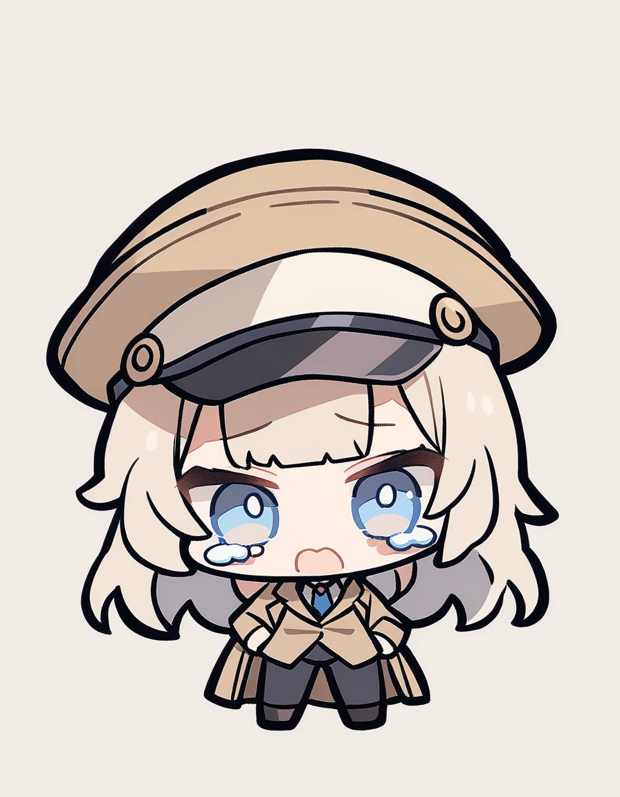 One girl, Beige hair、long、Bangs、Detective Suit、chibi,Light blue eyes、simple background、Crying face、Newsboy hat