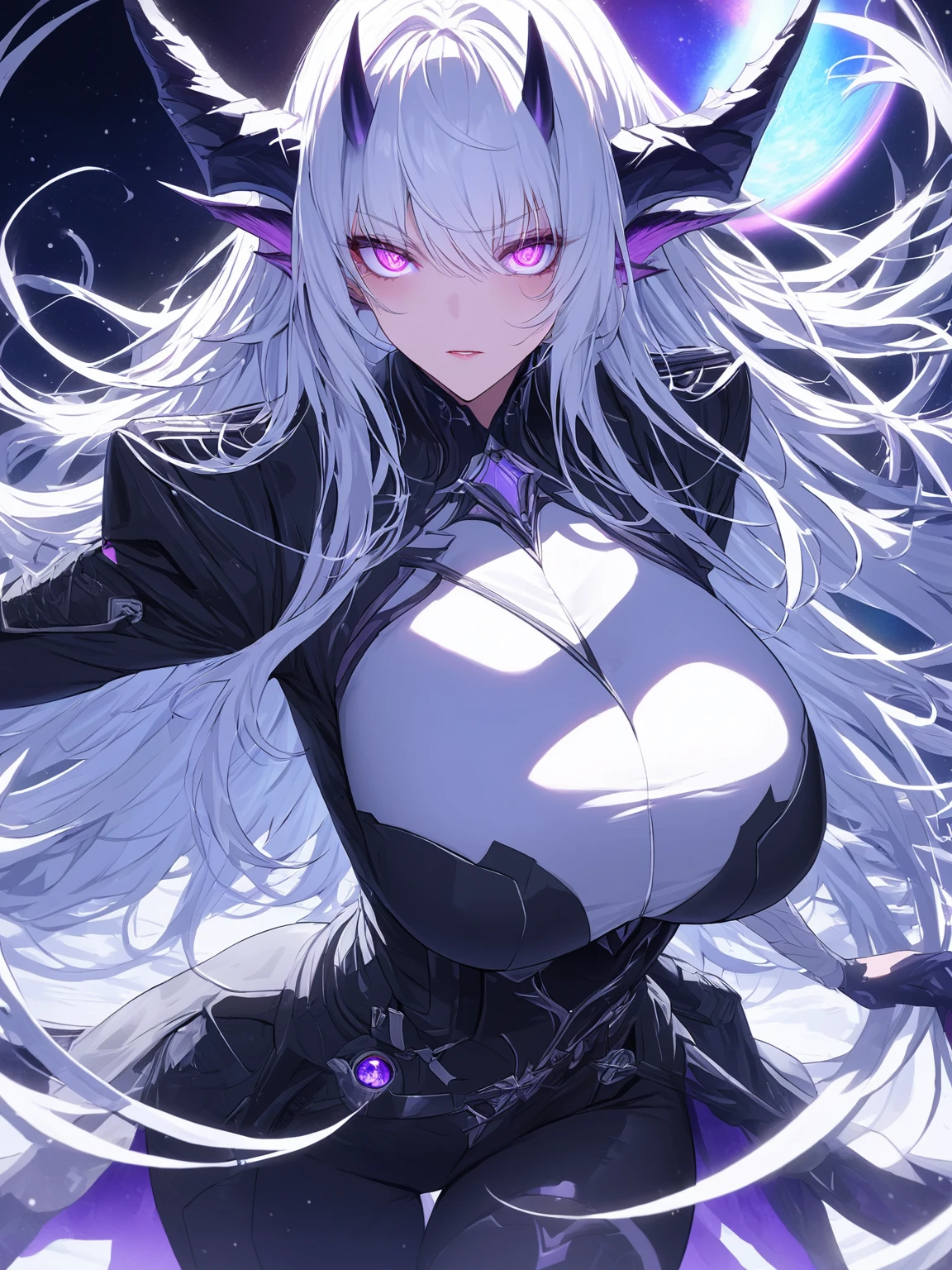 Masterpiece, very detailed, ultra detailed, one, (1 woman), she is in an ancient black futuristic military uniform, and in an full position, long hair, bright white hair, snow-white hair and haircut on the sides, white demonic horns, Sharp dragon ears, beautiful, charming, bright purple eyes, neon eyes, bright eyes, elegant, big breasts, serious face, cold face, charming, against the background of space planets and a black hole.