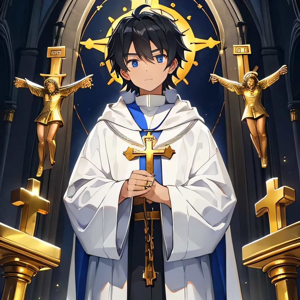 Human,priest,cathedral,???,black hair,white robe,golden lining,2 golden chains with crosses,sort,silver ring with a blue stone,