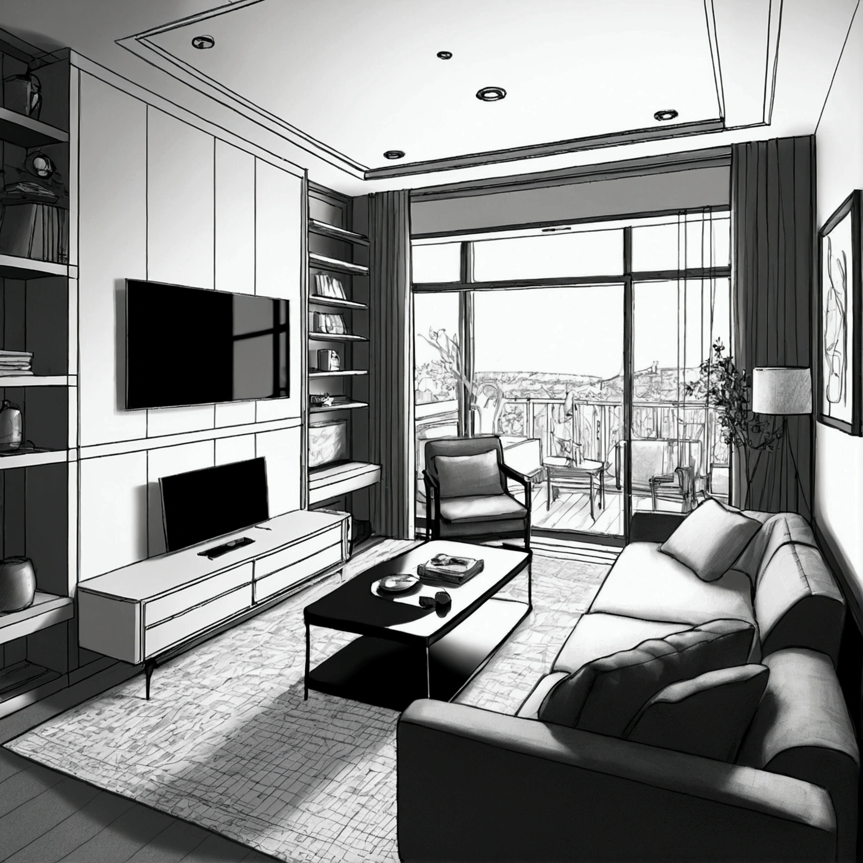 Small living room、Correct perspective、line-drawing、outlineedium omission、unmanned、grayscales