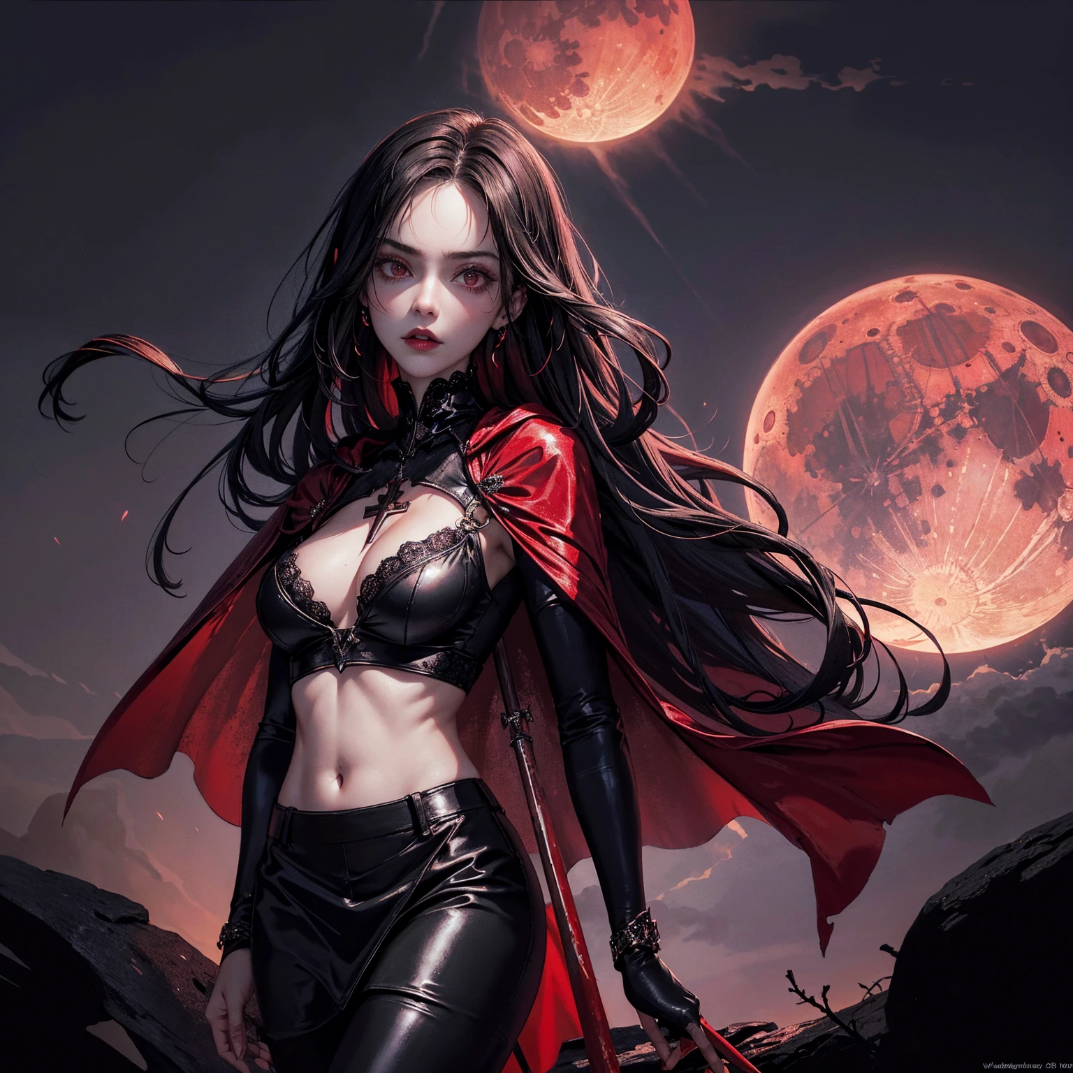 best quality, 4K, high resolution, masterpiece:1.2, Very detailed, actual:1.37, Mood lighting, Girl in a long cape, Wearing a reflective latex skirt that shows a little skin above the chest, reflective rubber bra, Dangerous sneer, Black Hair, Standing, Facing the camera, Crucified, Pitch black sky, Blood-red moon, strange atmosphere, Gothic style, Unforgettable beauty, Dramatic shadows, Ethereal Light, Mysterious atmosphere.