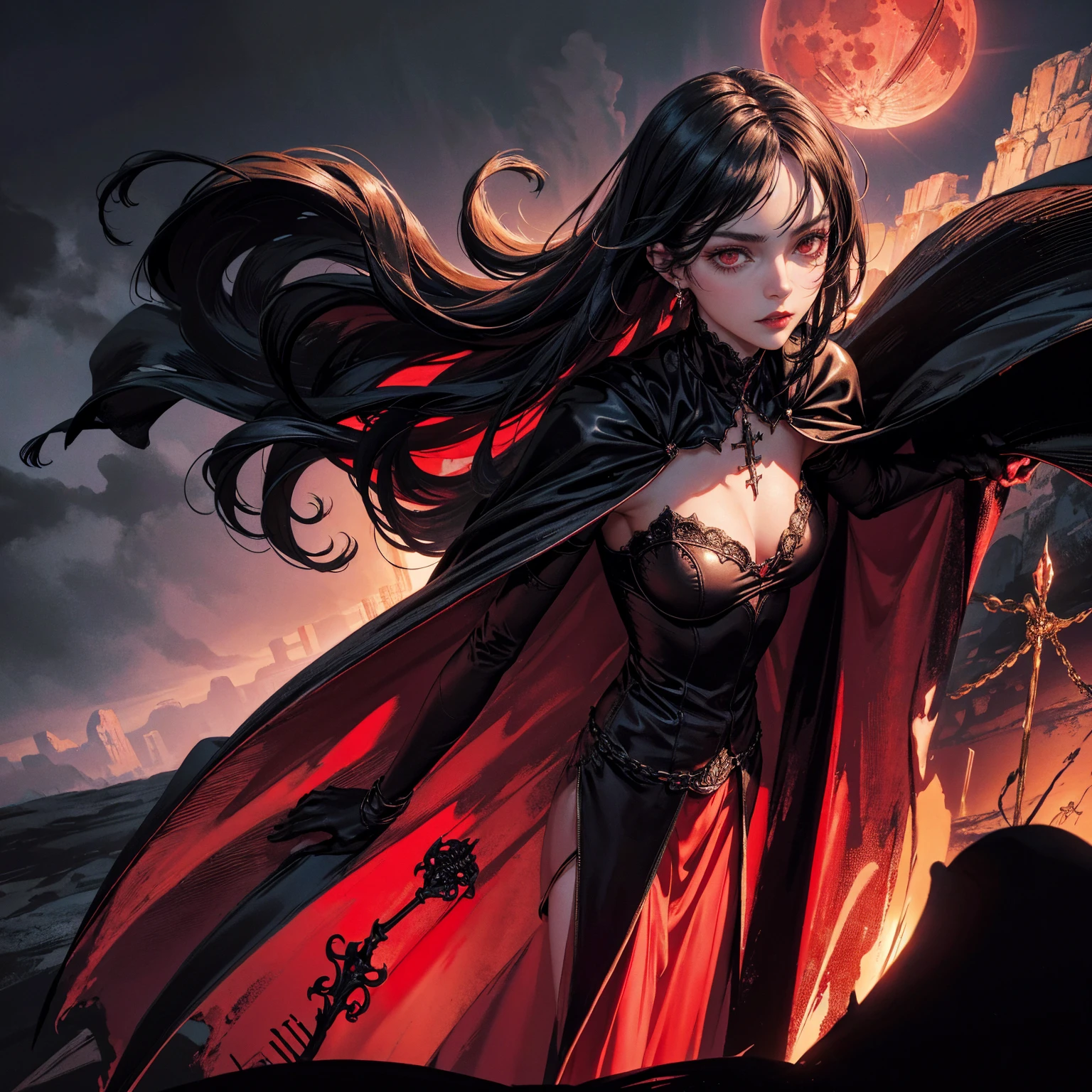 best quality, 4K, high resolution, masterpiece:1.2, Very detailed, actual:1.37, Mood lighting, Girl in a long cape, Wearing a reflective latex skirt that shows a little skin above the chest, reflective rubber bra, Dangerous sneer, Black Hair, Standing, Facing the camera, Crucified, Pitch black sky, Blood-red moon, strange atmosphere, Gothic style, Unforgettable beauty, Dramatic shadows, Ethereal Light, Mysterious atmosphere.