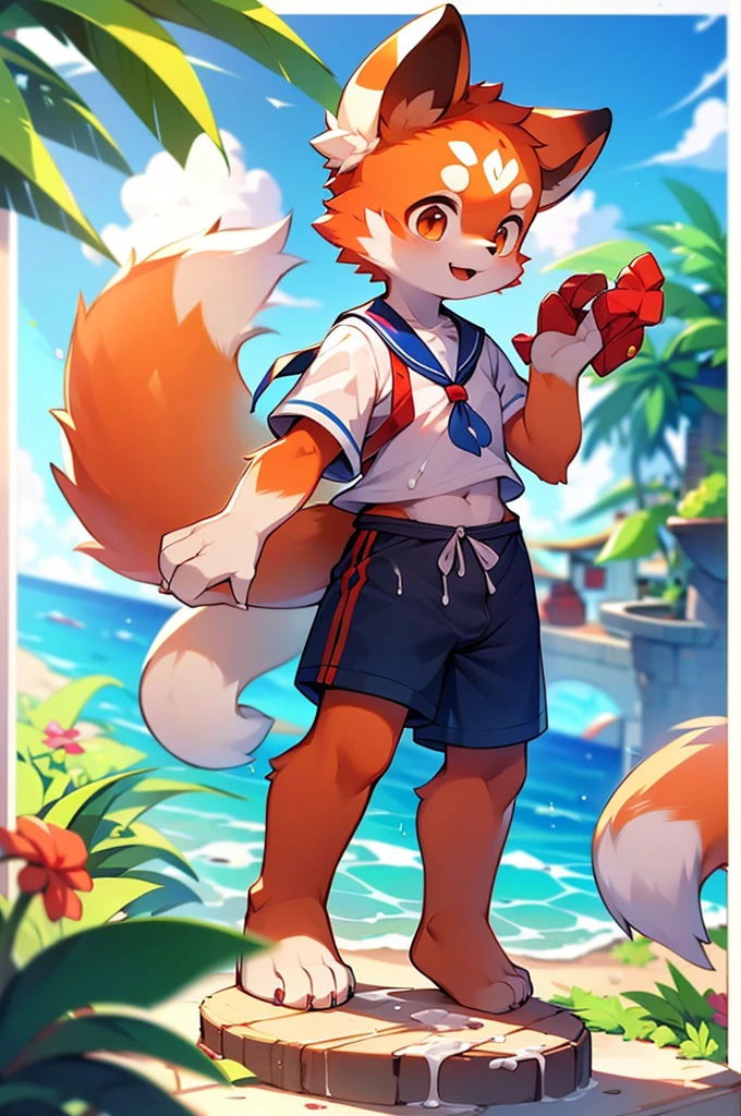 Red Panda Boy,8k resolution,Furry, Ocean,Sailor suit,Red collar,Two legs,Stand up on your own two feet! Towering,spindly,spindly,penis,Cum on erect tongue,:slim body,:tall