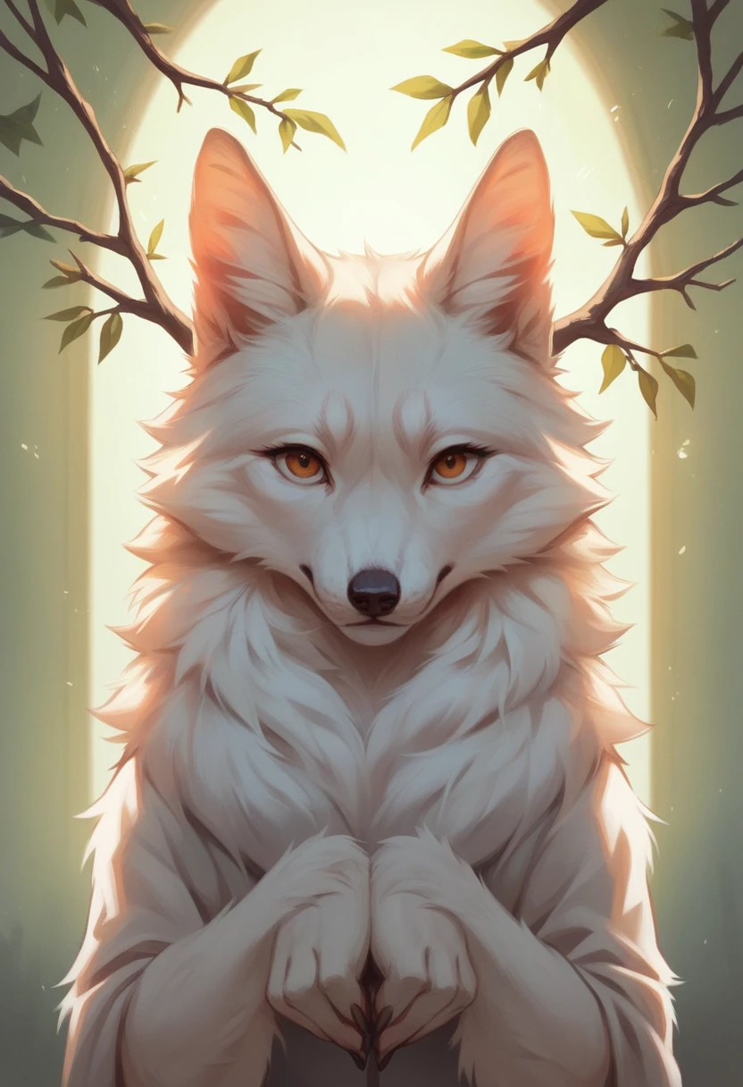 a young kitsune girl ((1 white fluffy tail)), stand, standing sideways to the viewer, head turned to the viewer, hands folded together, branches of a white tree nearby drawn with ink, masterpiece, professional artist, detailed, high resolution, cinematic, cinematic lighting, ((harmony)), artist: ke-ta, dfer32, asanagi,