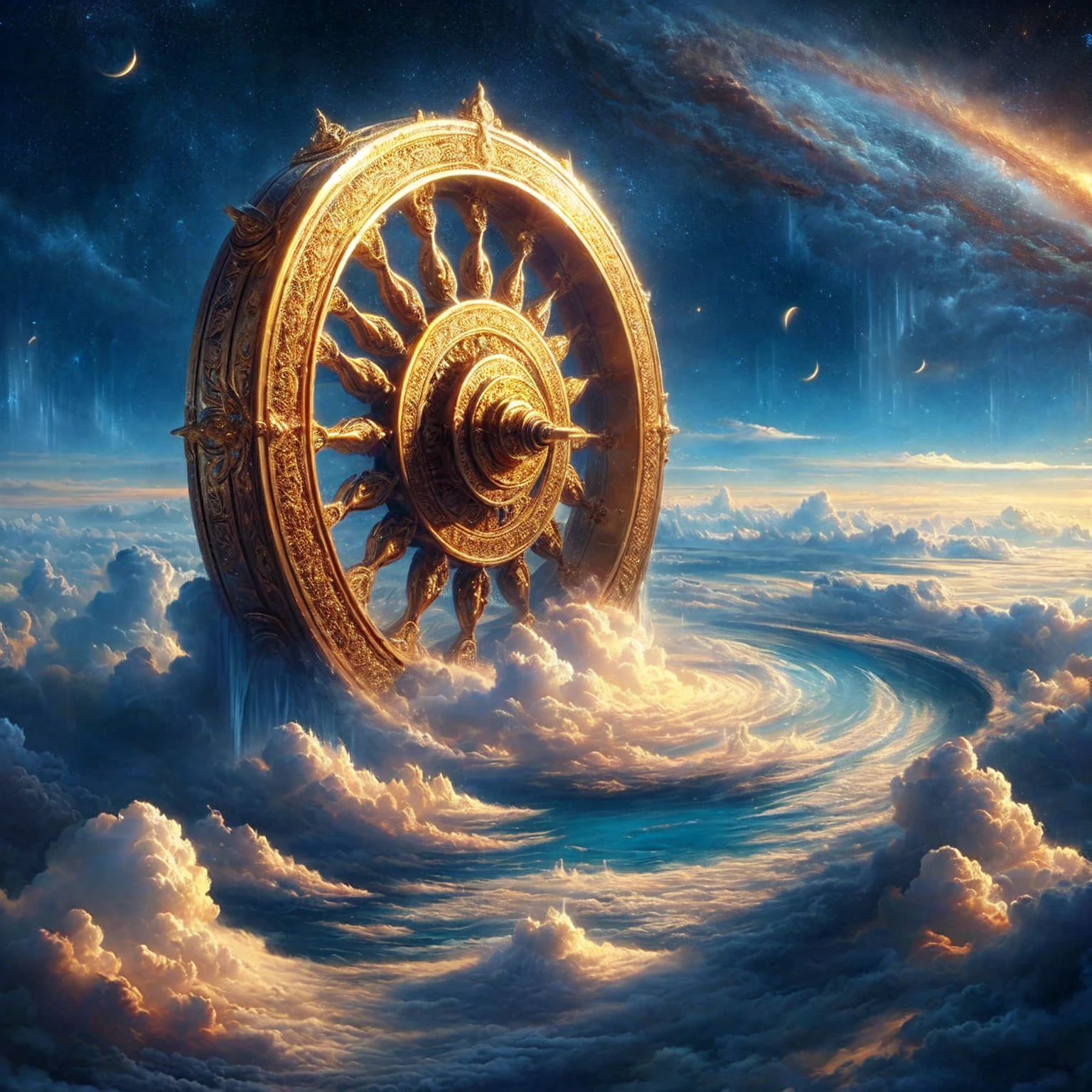 Ornate golden wheel , cloud background