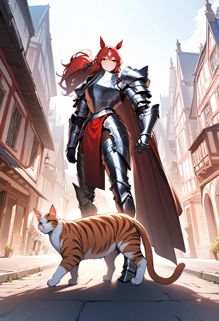 aarafed a picture of a  ((huge cat: 1.5))  walking with a human knight in fantasy street, an ((cat big as a horse: 1.5)), the cat is wearing armor ready for battle, dynamic color cat BREAK a human knight, full body, ((anatomically correct: 1.5) walking near him, female knight, red hair, long hair, hair in a pony tail, wearing knight's armor, decorated armor, high heeled boots, Hyperrealism style, vibrant, Ultra-high resolution, High Contrast, (masterpiece:1.5), highest quality, Best aesthetics), best details, best quality, highres, ultra wide angle, 16k, [ultra detailed], masterpiece, best quality, (extremely detailed) RAW, ArmoredDress