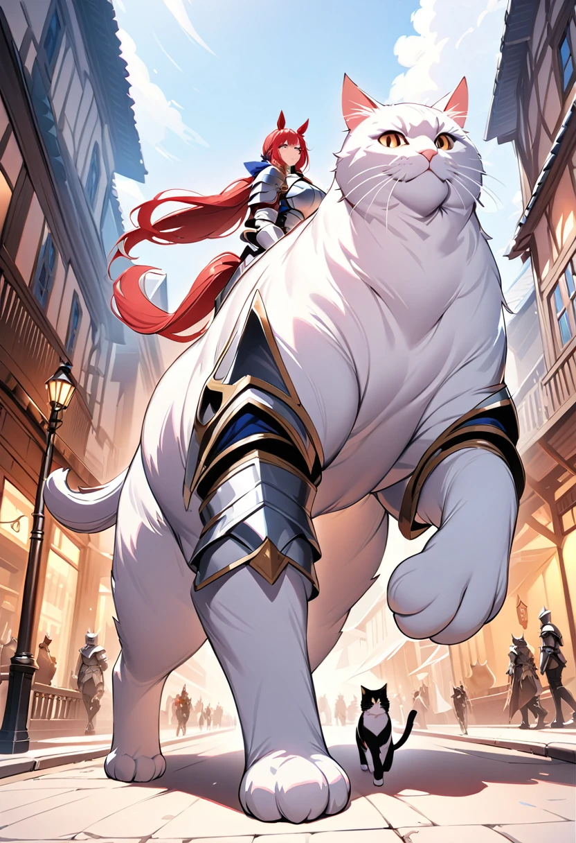 aarafed a picture of a  ((huge cat: 1.5))  walking with a human knight in fantasy street, an ((cat big as a horse: 1.5)), the cat is wearing armor ready for battle, dynamic color cat BREAK a human knight, full body, ((anatomically correct: 1.5) walking near him, female knight, red hair, long hair, hair in a pony tail, wearing knight's armor, decorated armor, high heeled boots, Hyperrealism style, vibrant, Ultra-high resolution, High Contrast, (masterpiece:1.5), highest quality, Best aesthetics), best details, best quality, highres, ultra wide angle, 16k, [ultra detailed], masterpiece, best quality, (extremely detailed) RAW, ArmoredDress