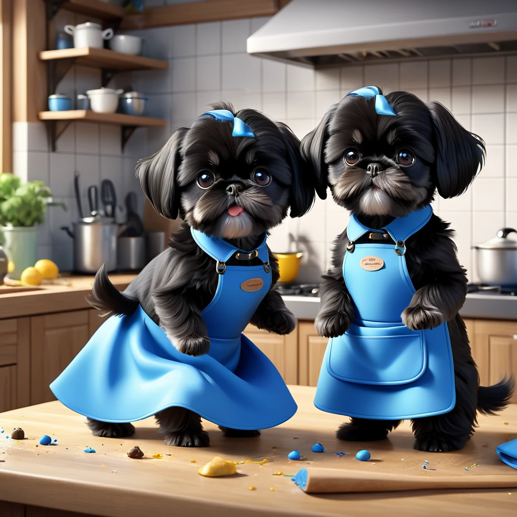 2 adorable small black shih tzu puppies wearing blue collars and aprons, playing, making a mess, disney kitchen, 3d cartoon, 3d render, disney pixar style, best quality, 4k, 8k, highres, masterpiece:1.2, ultra-detailed, realistic, photorealistic, photo-realistic:1.37, HDR, UHD, studio lighting, ultra-fine painting, sharp focus, physically-based rendering, extreme detail description, professional, vivid colors, bokeh