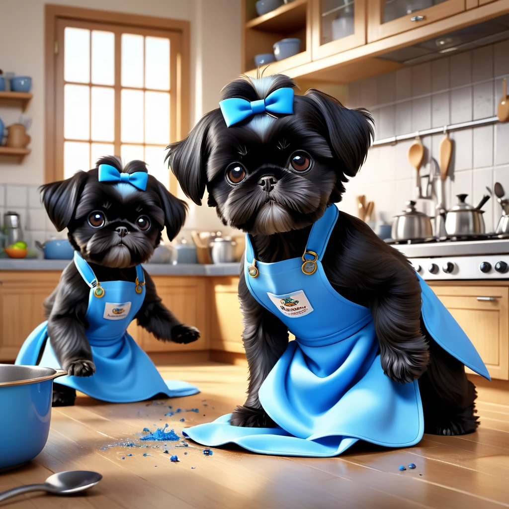 2 adorable small black shih tzu puppies wearing blue collars and aprons, playing, making a mess, disney kitchen, 3d cartoon, 3d render, disney pixar style, best quality, 4k, 8k, highres, masterpiece:1.2, ultra-detailed, realistic, photorealistic, photo-realistic:1.37, HDR, UHD, studio lighting, ultra-fine painting, sharp focus, physically-based rendering, extreme detail description, professional, vivid colors, bokeh