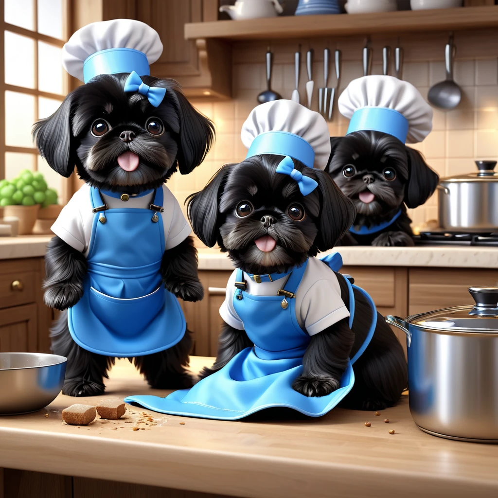 2 adorable small black shih tzu puppies wearing blue collars and aprons, playing, making a mess, disney kitchen, 3d cartoon, 3d render, disney pixar style, best quality, 4k, 8k, highres, masterpiece:1.2, ultra-detailed, realistic, photorealistic, photo-realistic:1.37, HDR, UHD, studio lighting, ultra-fine painting, sharp focus, physically-based rendering, extreme detail description, professional, vivid colors, bokeh