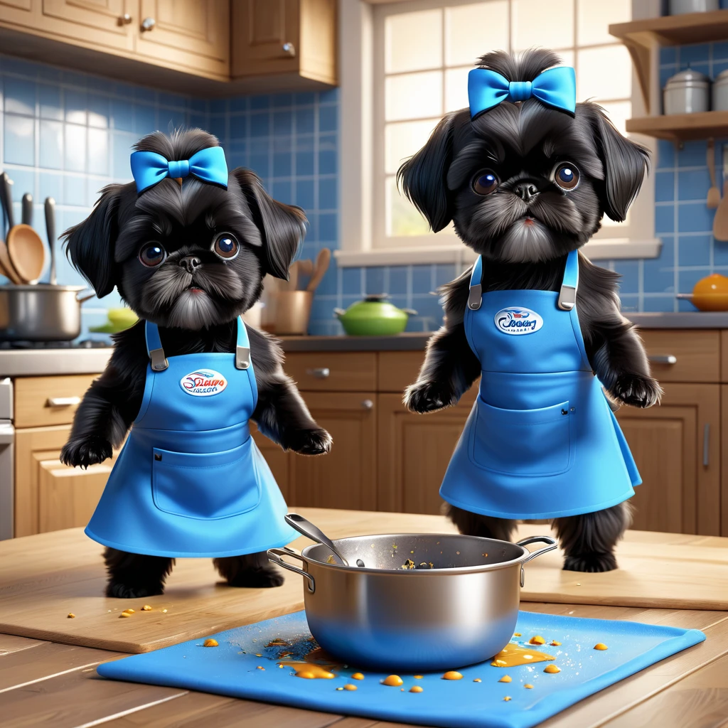 2 adorable small black shih tzu puppies wearing blue collars and aprons, playing, making a mess, disney kitchen, 3d cartoon, 3d render, disney pixar style, best quality, 4k, 8k, highres, masterpiece:1.2, ultra-detailed, realistic, photorealistic, photo-realistic:1.37, HDR, UHD, studio lighting, ultra-fine painting, sharp focus, physically-based rendering, extreme detail description, professional, vivid colors, bokeh