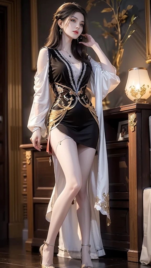 ((full body)), ((from below)), dark haired Russian ,1girl,solo, ((Stand up, against the ledge)), ((Clear features, clear faces, clear faces)), red lips, makeup, close-up shot, elegant posture, enticing pose, perfect curves, perfect figure, sexy, big breasts, cleavage, beautiful legs, mesmerizing gaze, biting lips, messy detailed long hair, simple casual scene, extremely detailed, ultra-clear, best quality, official art, Russian exquisite earrings, delicate necklace, extremely detailed description, super fine painting, exquisite features, Elegant, beautiful, hyperfine details, master works, authentic texture, cinematic lighting realism, Masterpiece, best quality