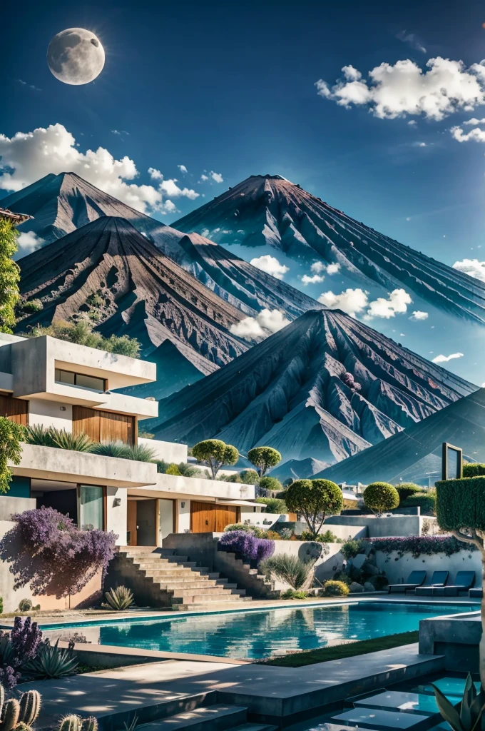 Multiple houses, brutalism style, Luis Barragán, Mountains in background, river, pool, terraces, stairs, garden terraces, trees, beautiful clouds, moon, sun, detailed, cacti, boulders, volcanic rocks, fuggy, Violet, orange, olive green, blue, magenta, amazing volcano in horizont, beautiful garden design
