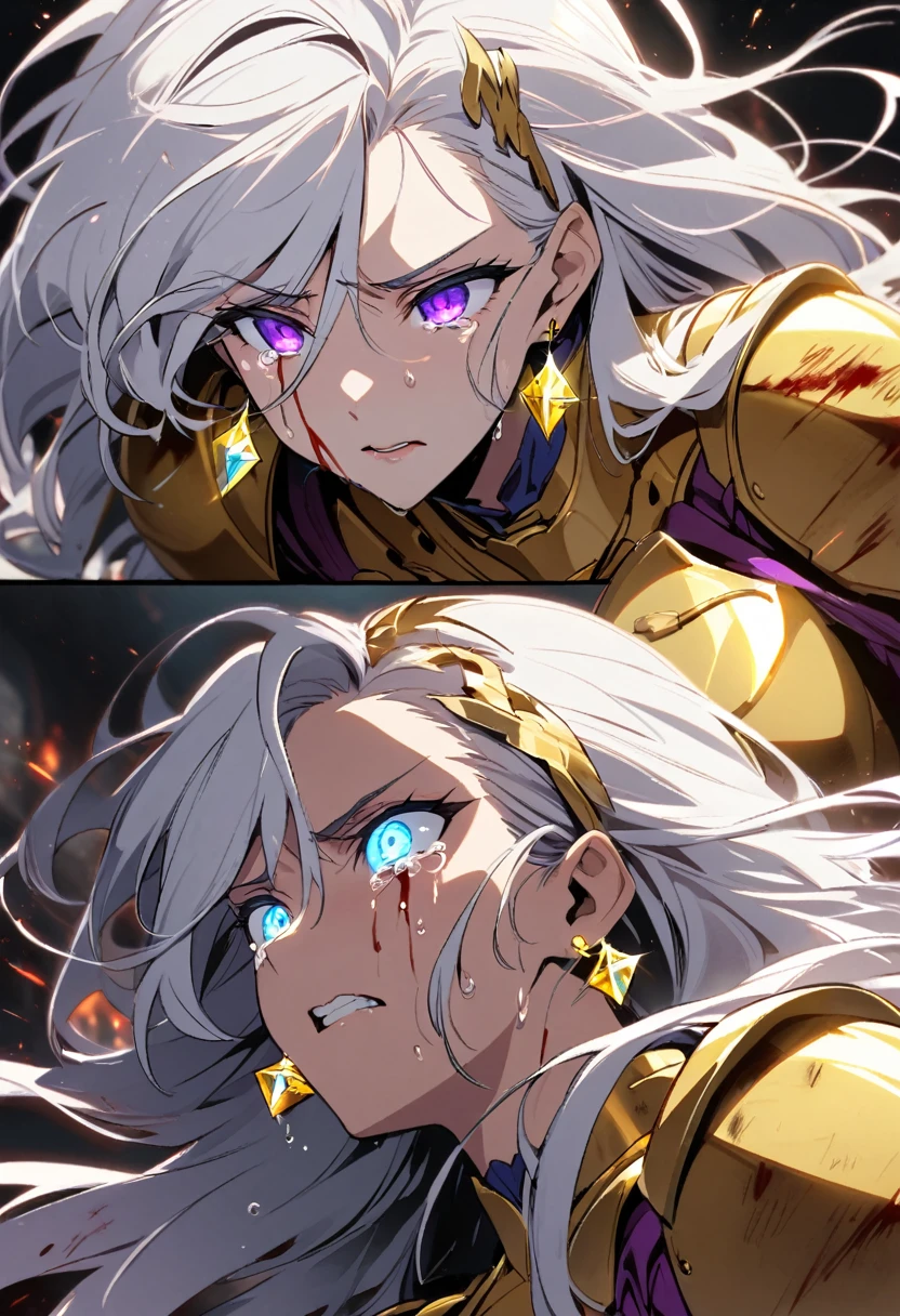 woman, blue eyes, long hair, white hair, mature, god eyes, diamond earings, glowing right eyes, two colors eyes, purple eyes, golden armor, injured, blood, dead, tears, glowing eyes, determination