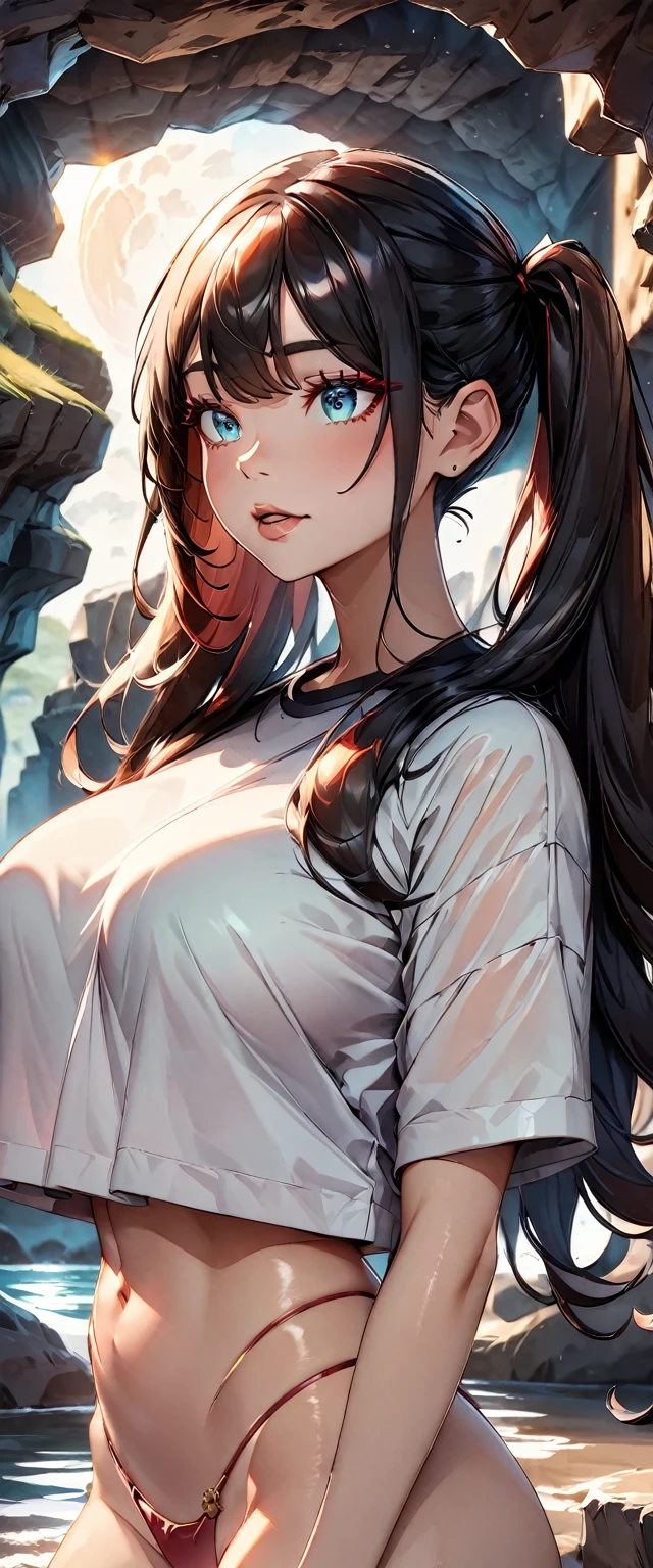 Photo of a woman with natural skin, Upper Body, Seaside cave, The light is shining in, High Twintails, Black hair with red mesh, Sharp eyes with red eyeshadow, Blue-green eyes, Shining eyes, A thin, upturned nose, Well-shaped lips, Big Breasts, ((crop top overhang, String Panties, Thighs)), Makeup, Exquisitely crafted with the utmost attention to detail, Vibrant, amazing, Smooth, Cinematic, 4K, Backlight, (()), Shallow depth of field, ((Detailed eyes:1.3, Detailed lips:1.3, high quality, )), masterpiece, Super detailed images, High quality