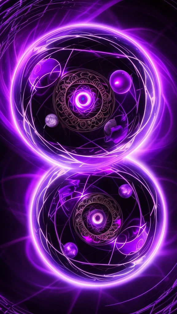 Low angle, Two-headed sorceress dropping purple spiral sphere of power in the middle of a retrofuturistic abyss