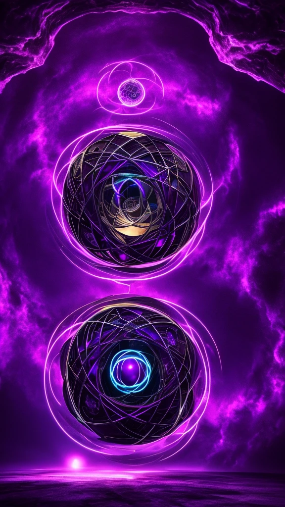 Low angle, Two-headed sorceress dropping purple spiral sphere of power in the middle of a retrofuturistic abyss