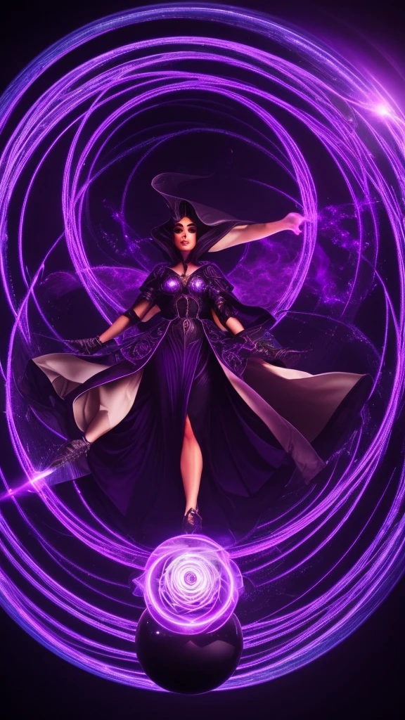 Low angle, Two-headed sorceress dropping purple spiral sphere of power in the middle of a retrofuturistic abyss