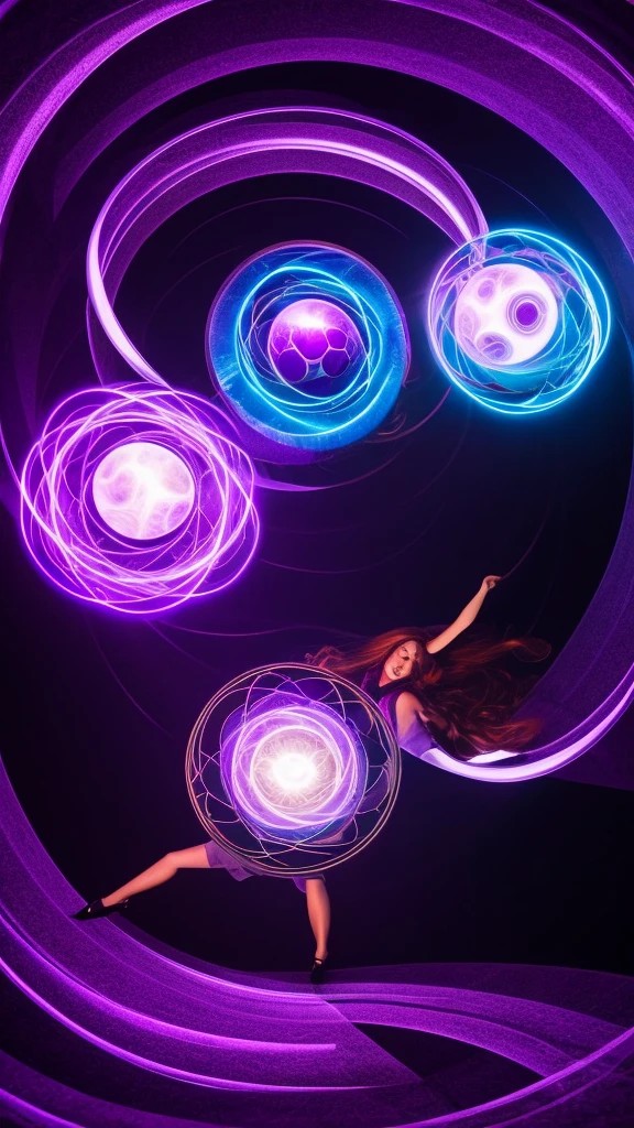 Low angle, Two-headed sorceress dropping purple spiral sphere of power in the middle of a retrofuturistic abyss