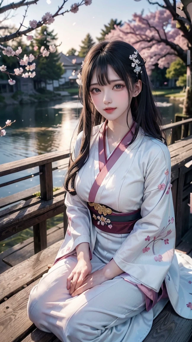 (logo、masterpiece、8k、table top、RAW photo、wonderful、最high quality、Photorealistic and hvery detailed CG integrated 8k wallpaper、high quality、very detailed、Narrative poem、particle effects、dynamic effects、written boundary depth、cinematic light、Lens flare、ray tracing)、fantasy、 (1 beautiful woman、white kimono、Japan Dress、white cherry blossom pattern、White cherry blossom embroidery pattern、black haired、beautiful face、real face、beautiful details eyes beautiful skin)、Hair flutters in Wind、hair bounces、pink cherry tree、petals dance、SakuraFubuki、wonderful scenery、sunrise、sun on background、Wind、god々、teeth、god story、vast land