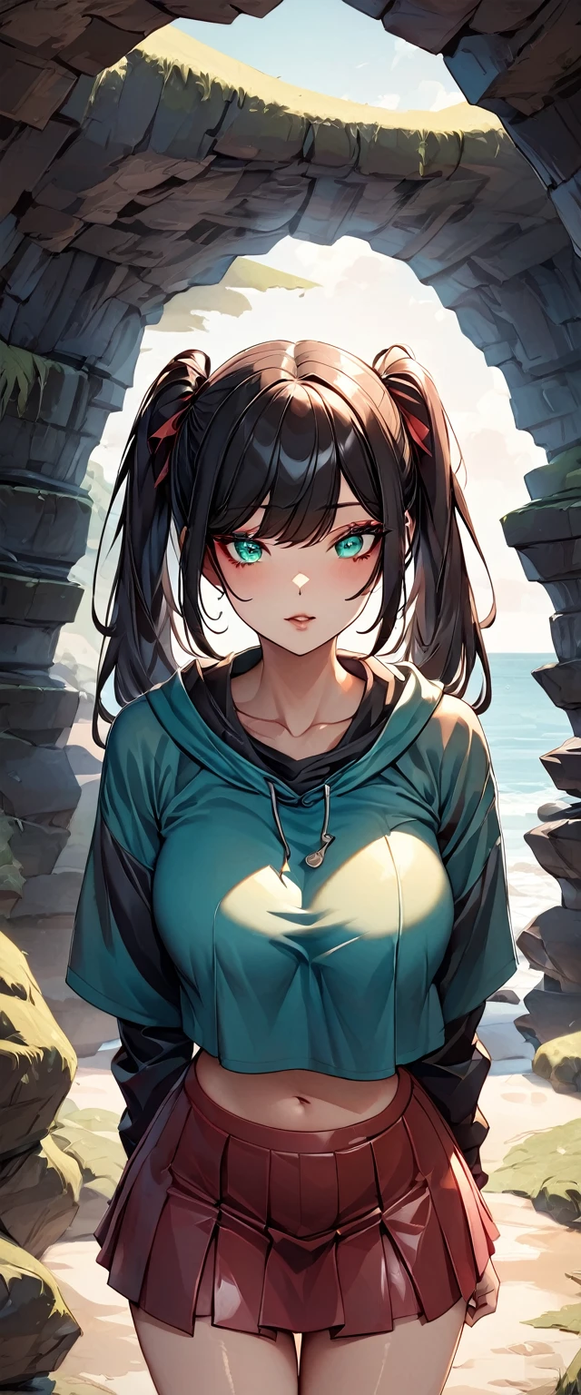 Photo of a woman with natural skin, Upper Body, Seaside cave, The light is shining in, High Twintails, Black hair with red mesh, Sharp eyes with red eyeshadow, Blue-green eyes, Shining eyes, A thin, upturned nose, Well-shaped lips, Big Breasts, ((crop top overhang, mini skirt, Thighs)), Makeup, Exquisitely crafted with the utmost attention to detail, Vibrant, amazing, Smooth, Cinematic, 4K, Backlight, (()), Shallow depth of field, ((Detailed eyes:1.3, Detailed lips:1.3, high quality, )), masterpiece, Super detailed images, High quality