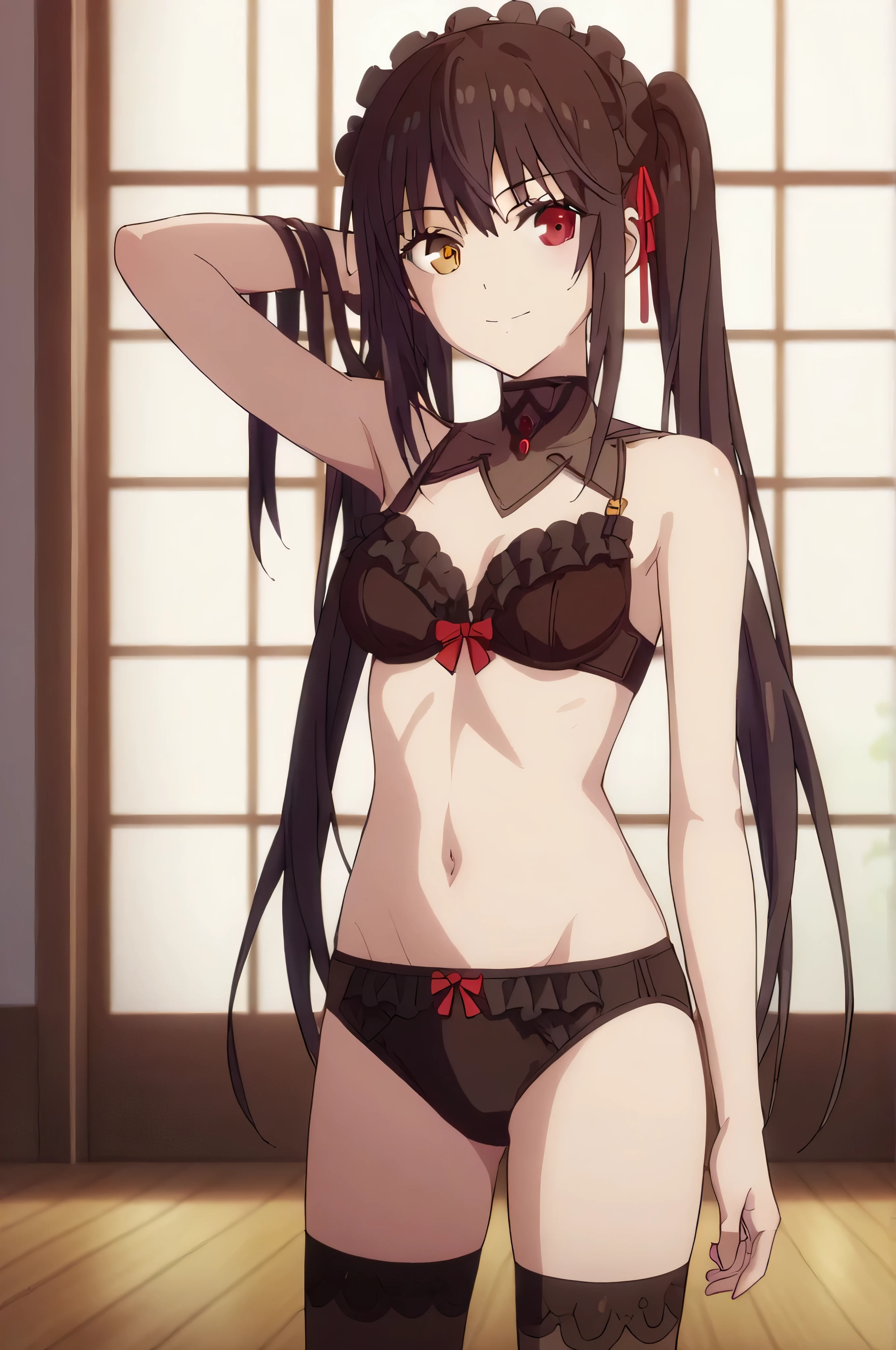 score_9, score_8_up, score_7_up, source_anime,
kurumitokisaki, kurumi tokisaki, black hair, golden right eye(clock eye), heterochromia and red eyes, long hair, (bunches)
bare shoulder, ribbon, Black bra, bikini, briefs, black bikini, twintails, low twintails, glossy black long silk stockings
indoors, smile,
looking at viewer, solo, standing on the floor,
arm_behind_head, cowboy shot,