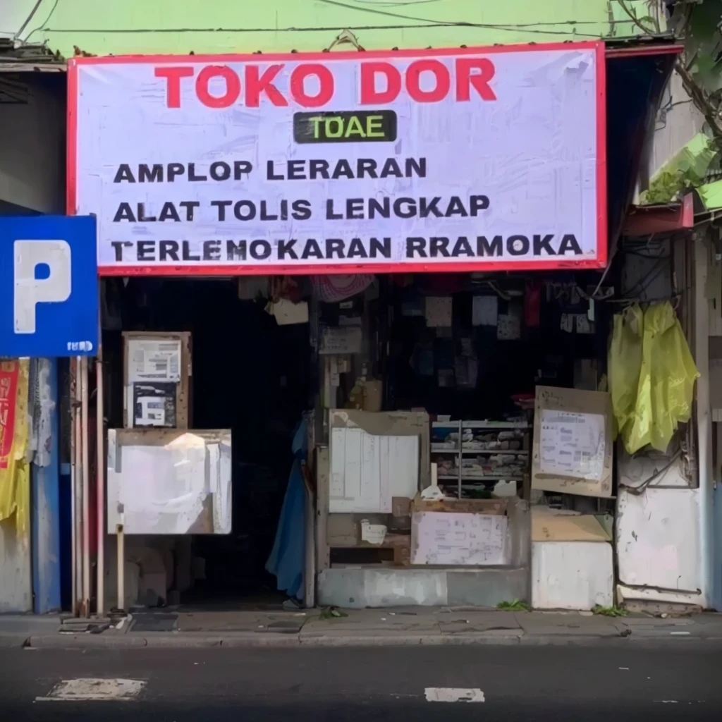 there is a sign that says toko dor jual on the side of the road, signboards, shop front, store, ori toor, photo for a store, storefront, local close up, detailed picture, taken in 2 0 2 0, sign, accurate depiction, 😭 🤮 💕 🎀, jakarta, advertisment, a poster, south jakarta