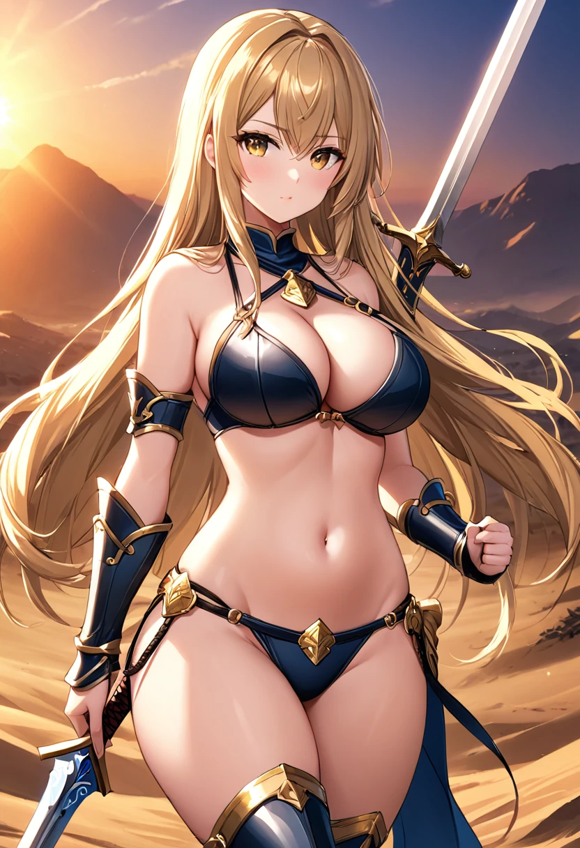score_9, score_8_up, score_7_up, score_6_up, 1girl, busty female warrior, wearing a bikini armor, plate, battlefield, long hair, sword, busty, small waist, wide hips, from front, cleavage, golden hour, cowboy shot