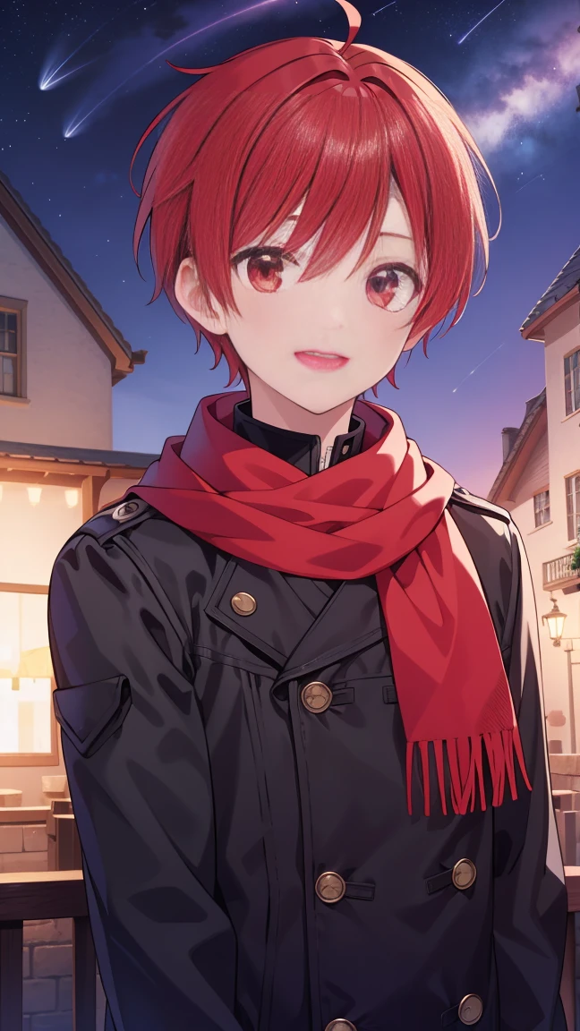 (Highest quality), (masterpiece), 1080P, High resolution, 4K, 8k, boy, Red hair, Red Eye, short hair, devil, black Parker, Upper Body, Lock, Night Sky, Starry Sky, shooting star, sniper rifle, smile, scarf