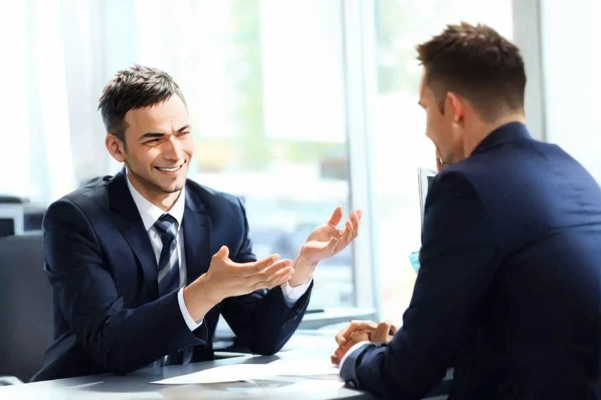 Please create an anime of a male boss and employee in an office. No glasses
