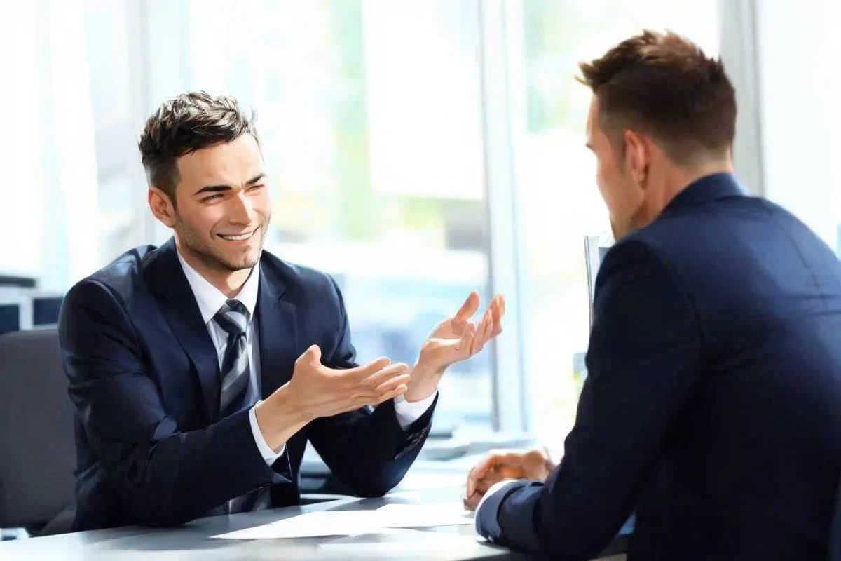 Please create an anime of a male boss and employee in  an office. No glasses