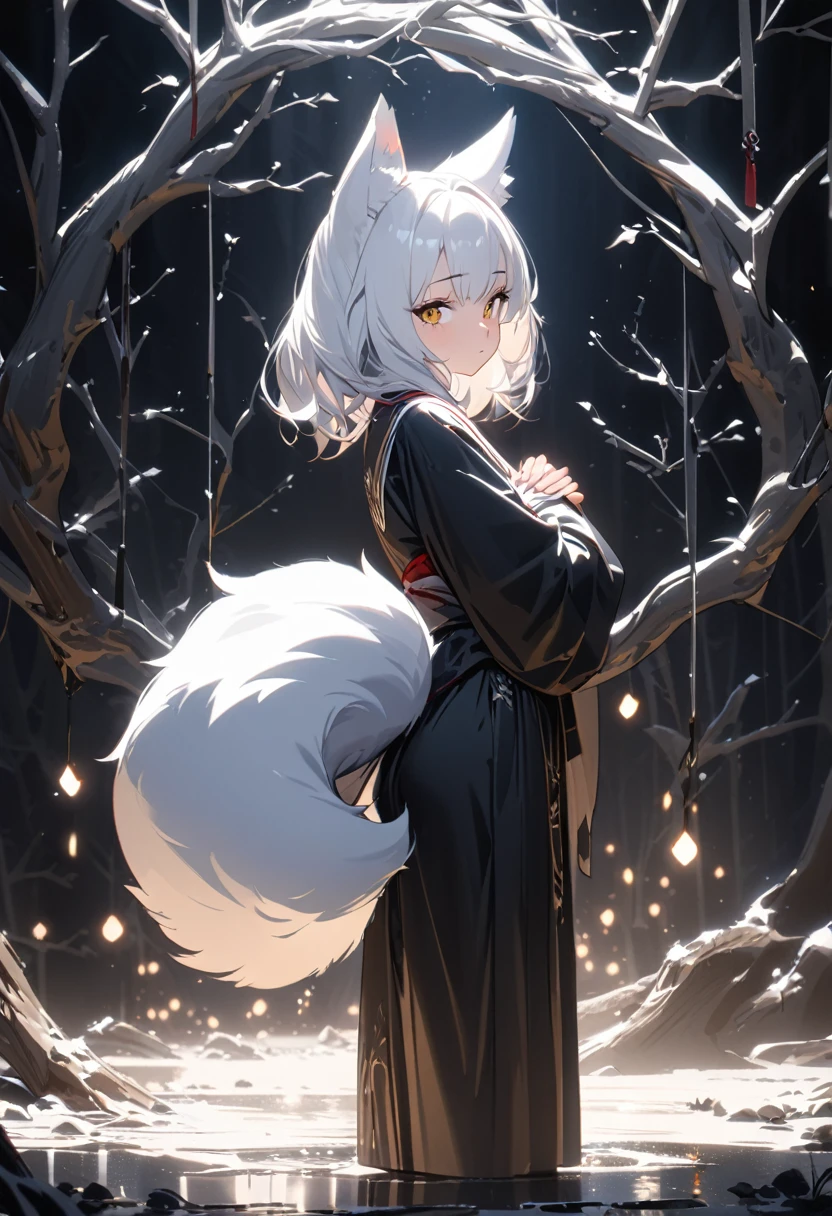 a young kitsune girl ((1 white fluffy tail)), stand, standing sideways to the viewer, head turned to the viewer, hands folded together, branches of a white tree nearby drawn with ink, masterpiece, professional artist, detailed, high resolution, cinematic, cinematic lighting,