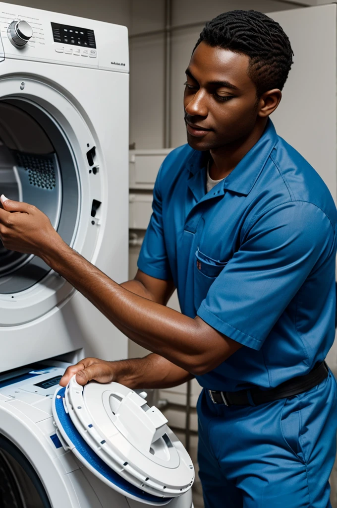 Create a cartoon washing machine technical service logo where the technician has dark skin