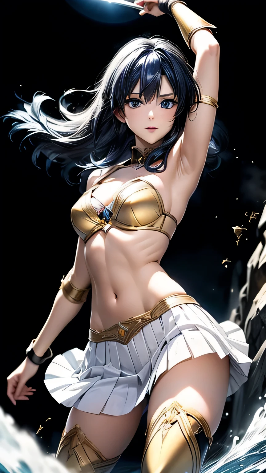 Nsfw, masterpiece, Highest quality, High resolution, 8K, Realistic, Very delicate and beautiful, super detailed skin, 
BREAK Anime girl in white dress, Zodiac Knight Girl, portrait Zodiac Knight Girl, Anime Goddess, rogue anime girl ayanami rei, 
BREAK 1 woman, 18 years old, Perfect female body, Beautiful woman, Mature Woman, Beautiful Eyes、
BREAK (flat chest), slender body,  
BREAK Fantasy-style anime, 
BREAK (((white pleated skirt))), short skirt,  (((see-through pleated skirt))), wet clothes, (dripping),
BREAK Roman warriors, Valkyrie Princess, 
BREAK , Golden Bikini, Bikini-like metal armored dress, crop top navel, strapless dress, bare shoulders, ((Cleavage)), bare back, bare arms, 
BREAK ((gold armor knee-high boots)), (gold metal boots), ((thighhighs)), Gold metal armlet, Gold metal choker, Princess Blade,  white side-tie panties, crotch seam 

BREAK standing, full body, toe, contrapposto, put one hand on hips, shoot from above, looking up, 

BREAK ultra-detailed face, beautiful face, detailed eyes, cute eyes, dark blue eyes, fine eyes, (arched eyebrows:0.3), 
BREAK dark blue hair, long hair, silky hair, shining hair, ((forehead)),

BREAK laughing, (((parted lips))),
BREAK oily skin, gleaming skin, 


BREAK ((((White background)))),

BREAK Wallpaper Anime, Advanced Digital Animation Art”, 2. 5d cgi anime fantasy artwork, Anime Style 4k, dynamic angle
