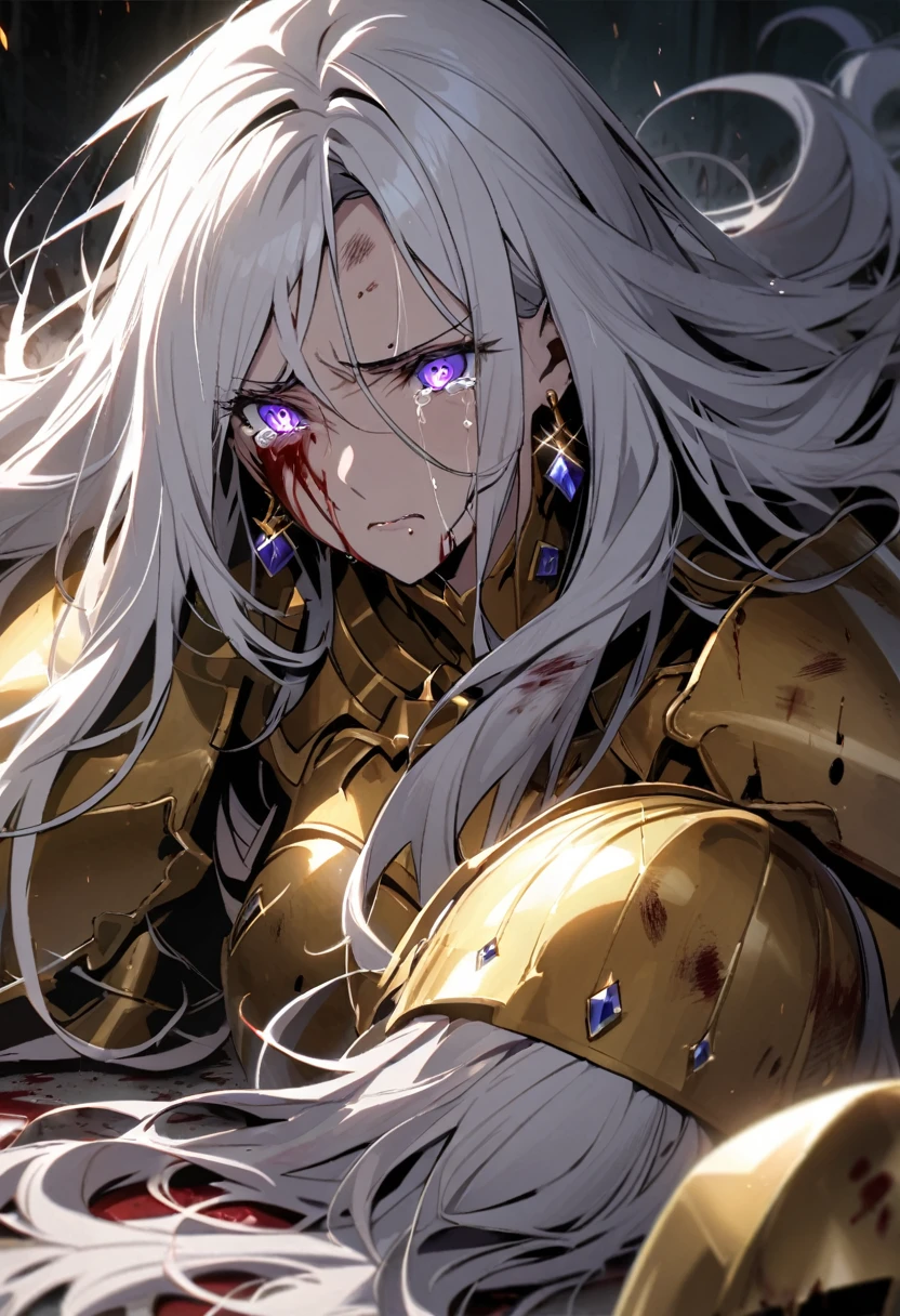 woman, blue eyes, long hair, white hair, mature, god eyes, diamond earings, glowing right eyes, two colors eyes, purple eyes, golden armor, injured, blood, dead, tears, glowing eyes, determination