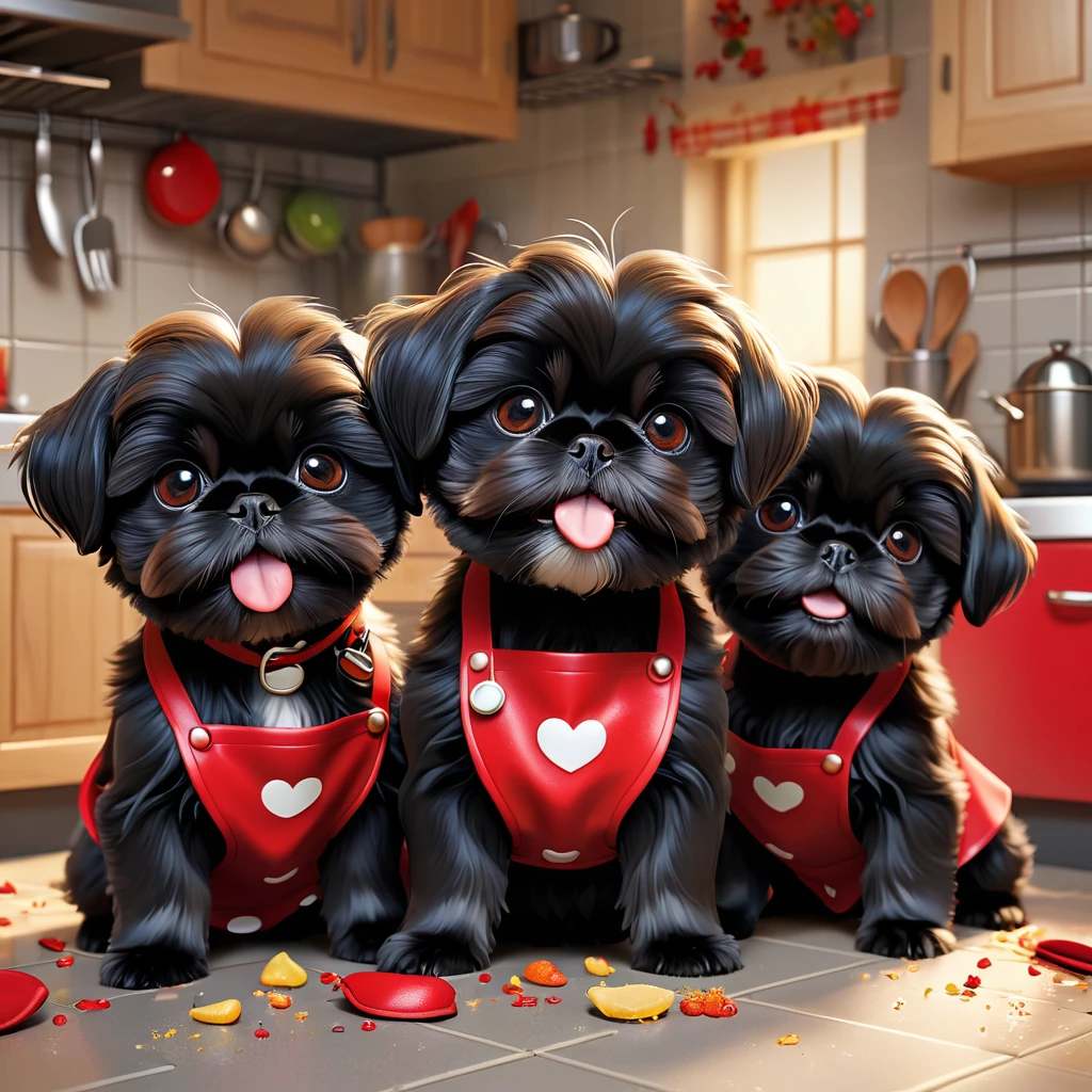 2 adorable small black shih tzu puppies, cute puppies playing, red collars, aprons, disney kitchen, 3d cartoon, 3d render, disney pixar style, photorealistic, 8k, ultra detailed, vibrant colors, warm lighting, messy kitchen, trash scattered, playful expression, fluffy fur, wet nose, adorable eyes, detailed facial features, dynamic pose, cheerful, whimsical, magical, cute, charming, heartwarming