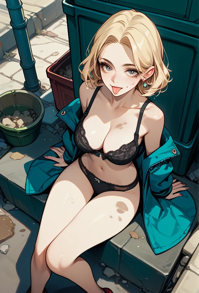 masterpiece, best quality, mature woman, blonde hair, sharp eyes, curvy body, dirty alley, sitting on the floor, bra, panties, besides dumpster, above view, front view, tongue out, hand on thighs, hopeless eyes, despair eyes