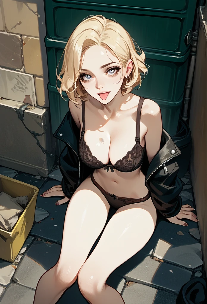 masterpiece, best quality, mature woman, blonde hair, sharp eyes, curvy body, dirty alley, sitting on the floor, bra, panties, besides dumpster, above view, front view, tongue out, hand on thighs, hopeless eyes, despair eyes