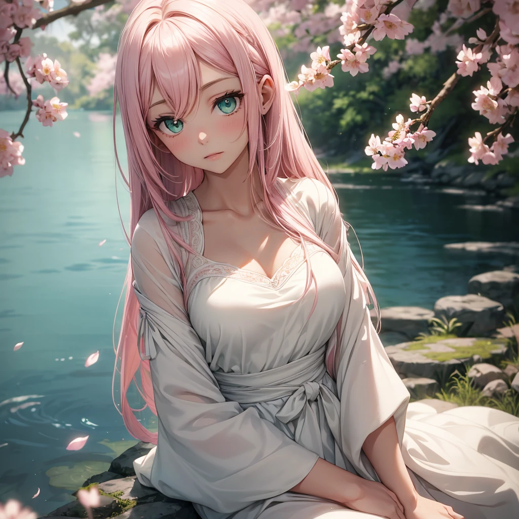 A young woman with long, waist-length pink hair and captivating jade green eyes. Delicate facial features framed by a soft hairline. Dressed in a simple, white blouse that accentuates her collarbone. Seated gracefully by a tranquil lake, her gaze directed slightly away from the camera, conveying a sense of serene contemplation. The gentle curve of her neck is subtly illuminated, creating a soft, ethereal glow. The background is a blurred canvas with hints of pink blossoms, providing a dreamy backdrop.