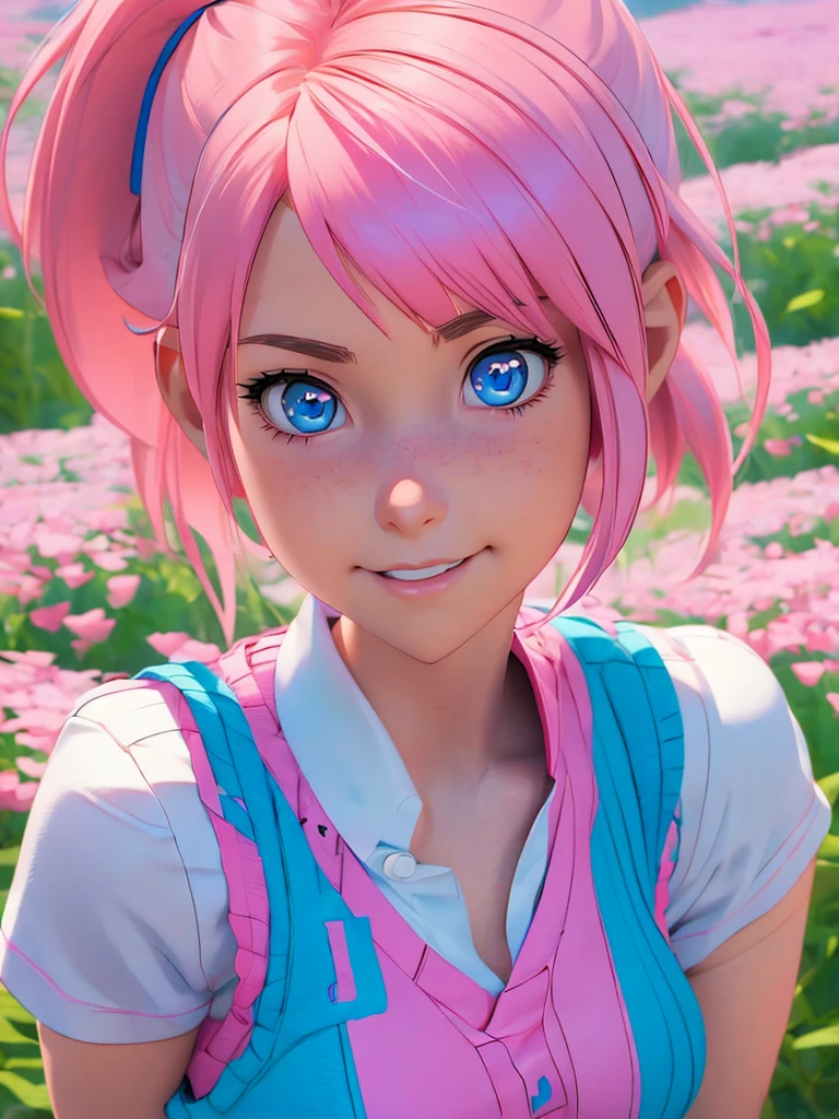 anime girl with pink hair and blue eyes wearing a vest, render of april, sayori, close up iwakura lain, 8k portrait render, render of a cute 3d anime girl, photorealistic anime girl render, smooth anime cg art, close up of a young anime girl, anime visual of a cute girl, rin, anime moe artstyle